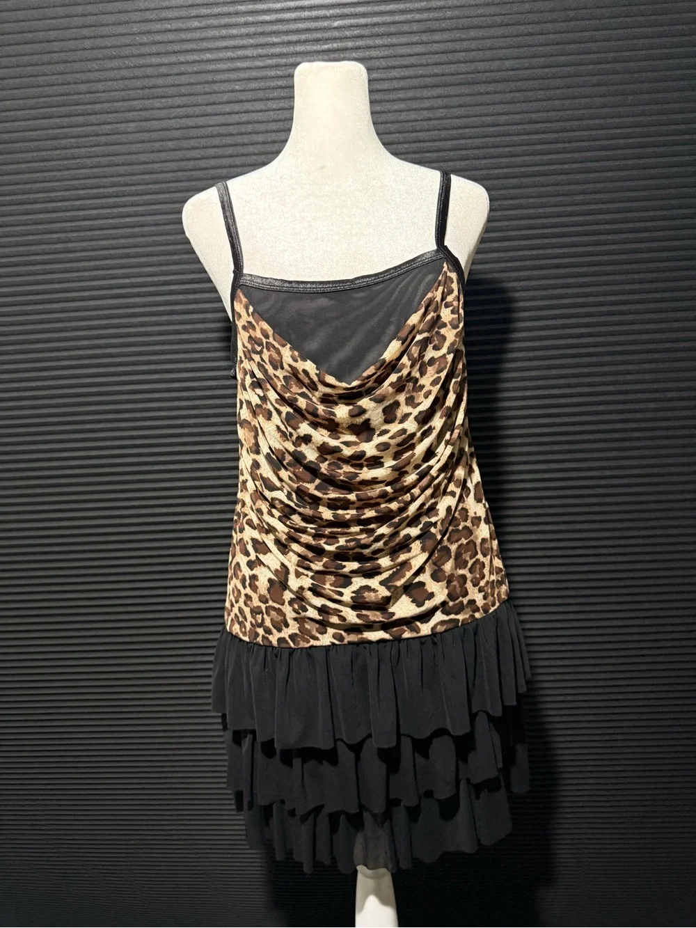 Leopard Print Cowl Neck Slip Dress with Black Tiered Skirt